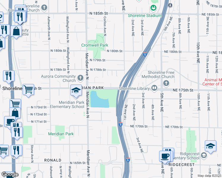 map of restaurants, bars, coffee shops, grocery stores, and more near 2301 North 175th Street in Shoreline