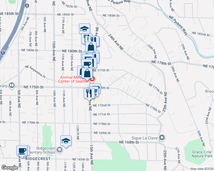 map of restaurants, bars, coffee shops, grocery stores, and more near 1549 Northeast 175th Street in Shoreline