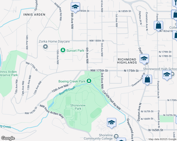 map of restaurants, bars, coffee shops, grocery stores, and more near 601 Northwest 175th Street in Shoreline