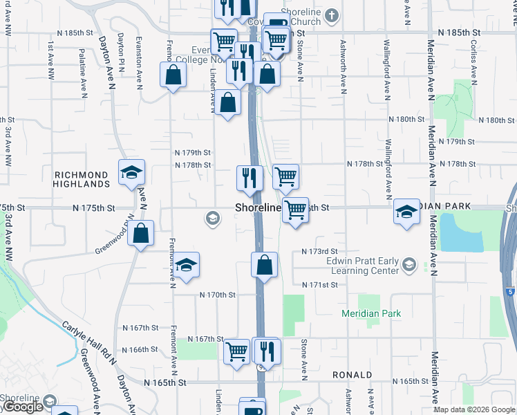 map of restaurants, bars, coffee shops, grocery stores, and more near in Shoreline
