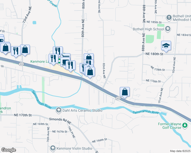map of restaurants, bars, coffee shops, grocery stores, and more near 17618 80th Court Northeast in Kenmore