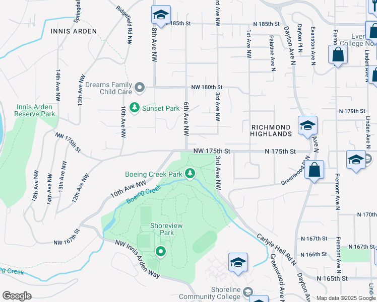 map of restaurants, bars, coffee shops, grocery stores, and more near 601 Northwest 175th Street in Shoreline