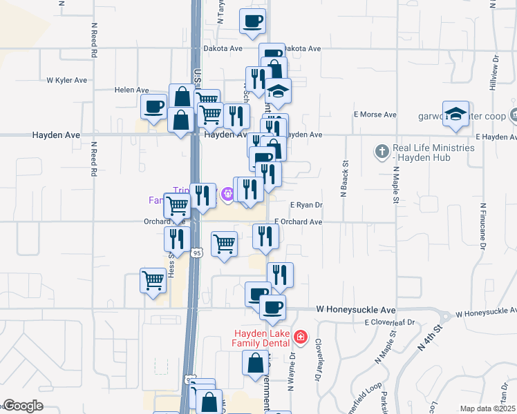 map of restaurants, bars, coffee shops, grocery stores, and more near 9245 North Government Way in Hayden