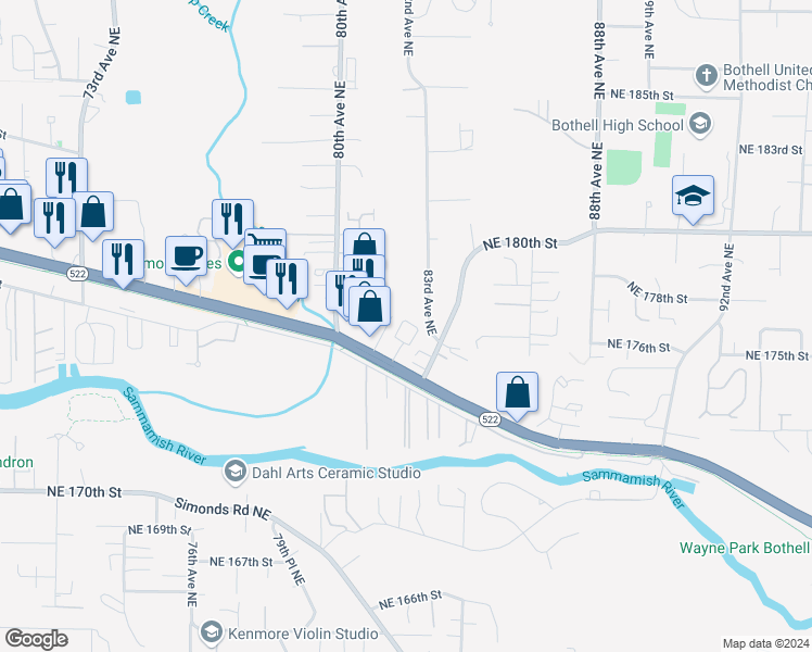 map of restaurants, bars, coffee shops, grocery stores, and more near 17523 83rd Place Northeast in Kenmore