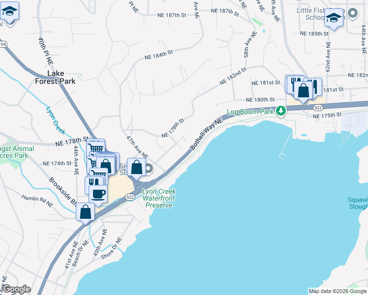 map of restaurants, bars, coffee shops, grocery stores, and more near 17707 Bothell Way Northeast in Lake Forest Park