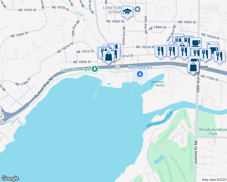 map of restaurants, bars, coffee shops, grocery stores, and more near 6155 Northeast 175th Street in Kenmore