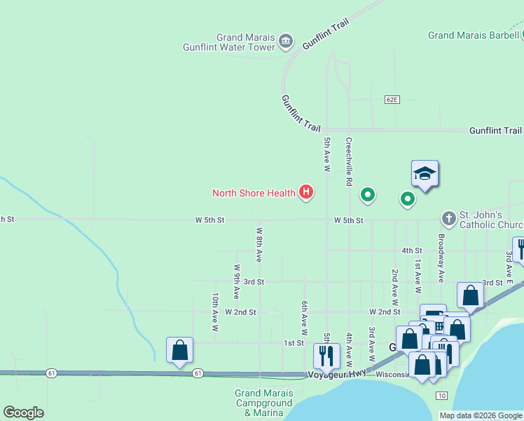 map of restaurants, bars, coffee shops, grocery stores, and more near 801 West 5th Street in Grand Marais