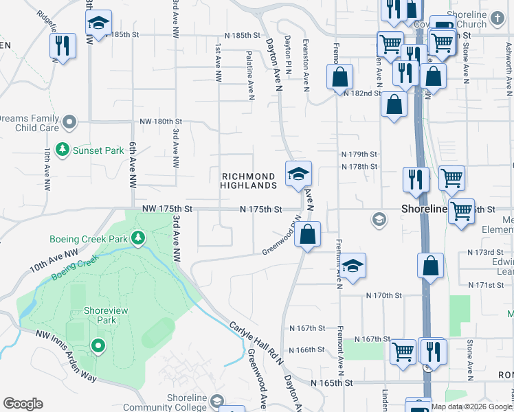 map of restaurants, bars, coffee shops, grocery stores, and more near 154 North 175th Street in Shoreline