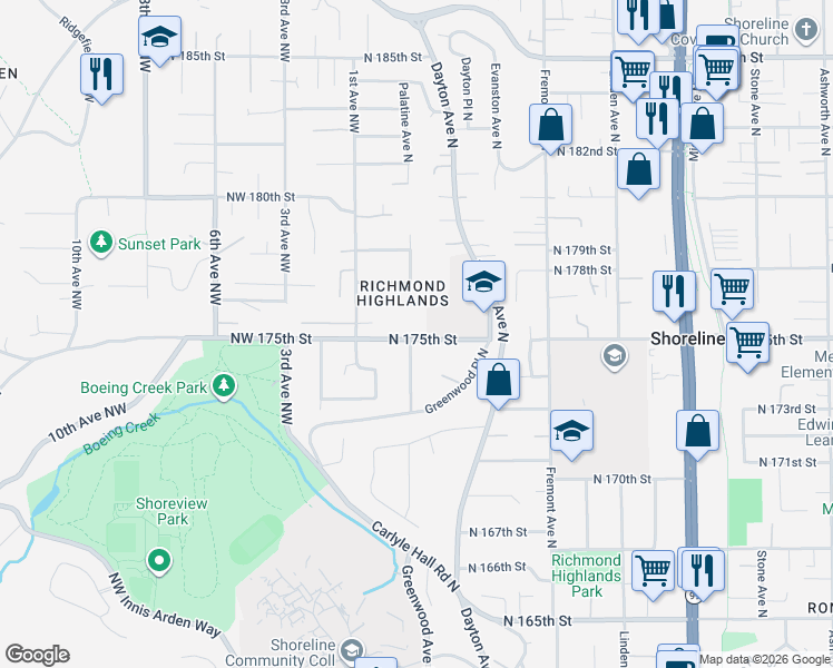 map of restaurants, bars, coffee shops, grocery stores, and more near 17321 Palatine Avenue North in Shoreline