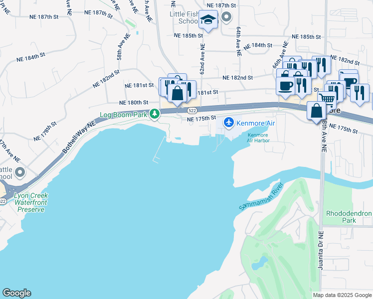 map of restaurants, bars, coffee shops, grocery stores, and more near 6155 Northeast 175th Street in Kenmore