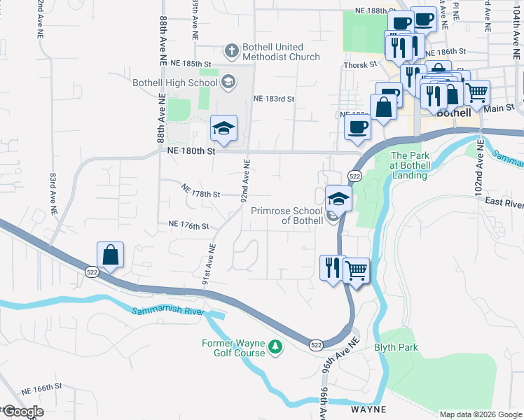 map of restaurants, bars, coffee shops, grocery stores, and more near 17513 93rd Avenue Northeast in Bothell