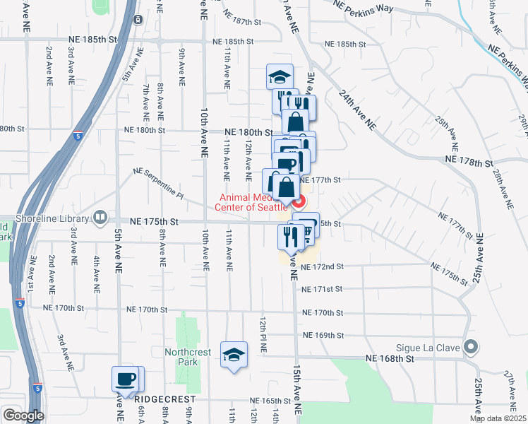 map of restaurants, bars, coffee shops, grocery stores, and more near 17233 15th Avenue Northeast in Shoreline