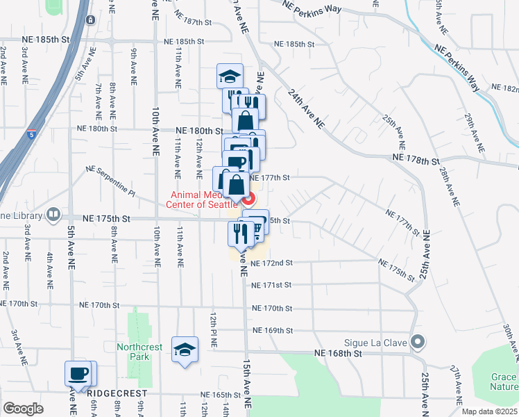 map of restaurants, bars, coffee shops, grocery stores, and more near 1522 Northeast 175th Street in Shoreline
