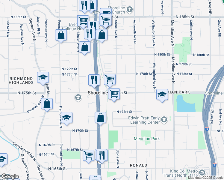 map of restaurants, bars, coffee shops, grocery stores, and more near 17500 Midvale Avenue North in Shoreline