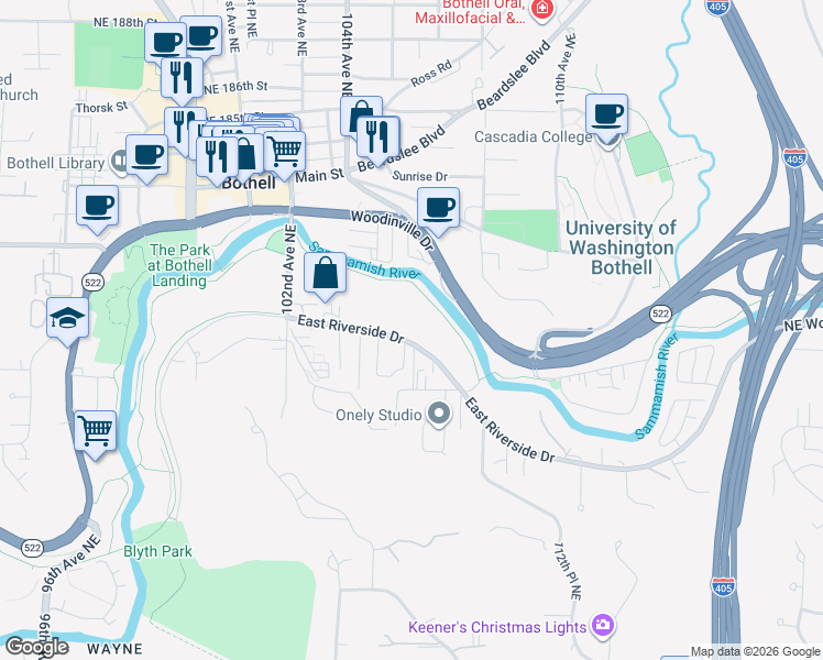 map of restaurants, bars, coffee shops, grocery stores, and more near 10604 E Riverside Dr in Bothell