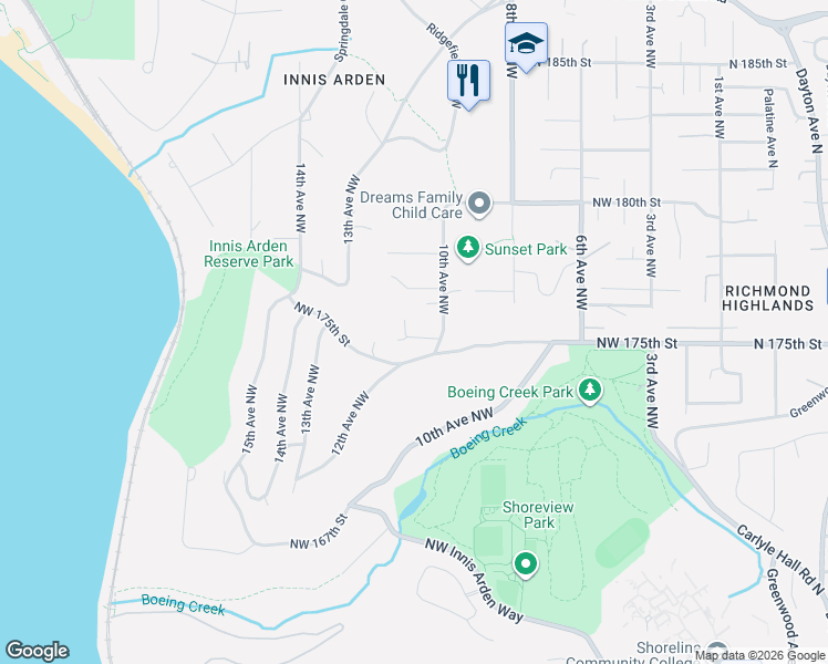 map of restaurants, bars, coffee shops, grocery stores, and more near 17554 12th Avenue Northwest in Shoreline