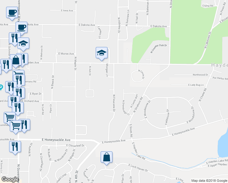 map of restaurants, bars, coffee shops, grocery stores, and more near 9310 North Finucane Drive in Hayden