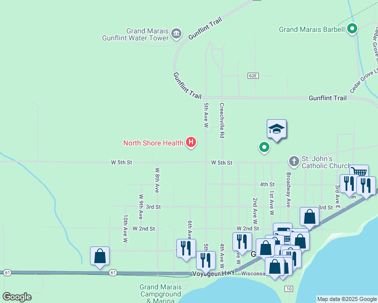 map of restaurants, bars, coffee shops, grocery stores, and more near 515 5th Avenue West in Grand Marais
