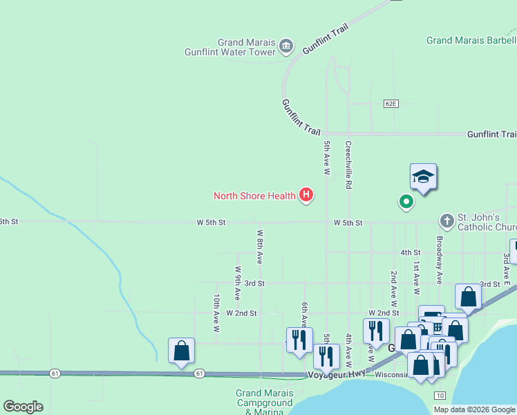 map of restaurants, bars, coffee shops, grocery stores, and more near 801 West 5th Street in Grand Marais