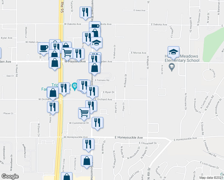 map of restaurants, bars, coffee shops, grocery stores, and more near 215 East Ryan Drive in Hayden