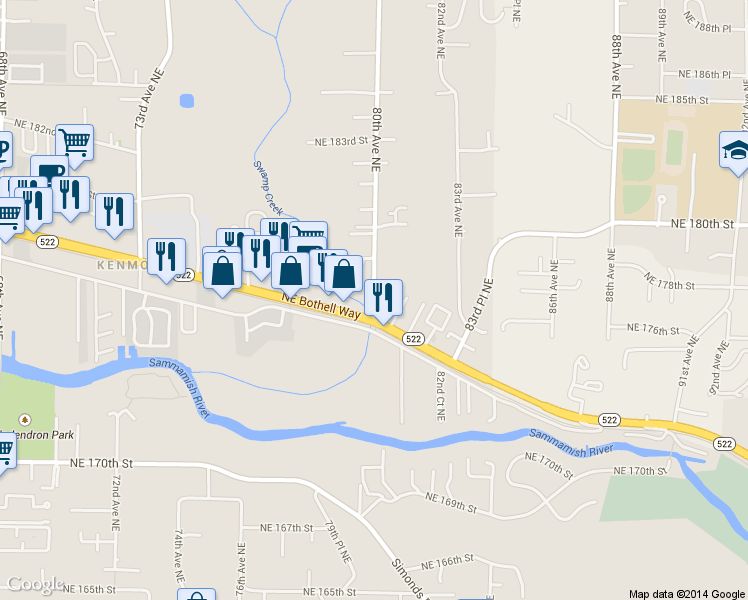 map of restaurants, bars, coffee shops, grocery stores, and more near 8001 Northeast 177th Court in Kenmore