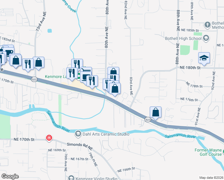 map of restaurants, bars, coffee shops, grocery stores, and more near 17620 80th Avenue Northeast in Kenmore