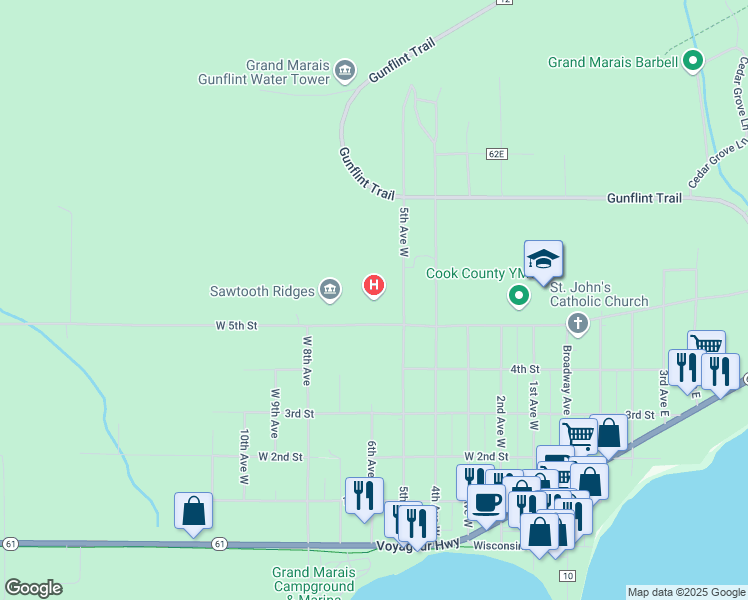 map of restaurants, bars, coffee shops, grocery stores, and more near 515 5th Avenue West in Grand Marais