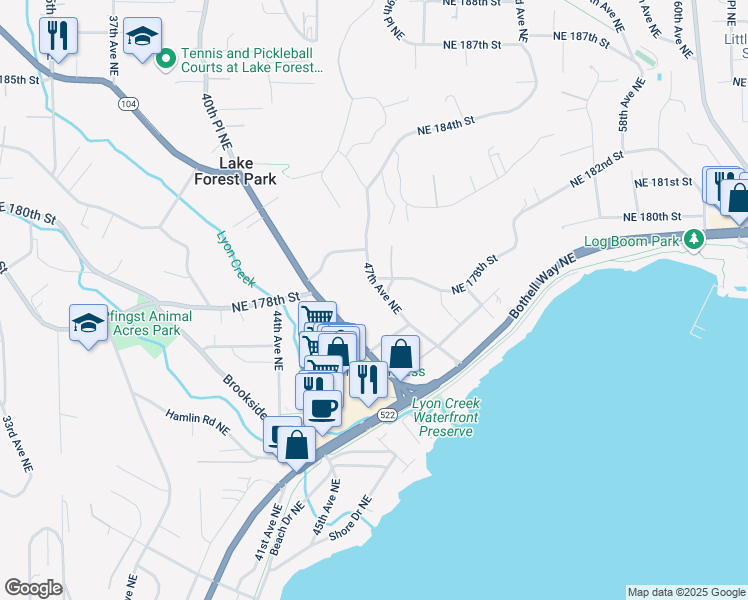 map of restaurants, bars, coffee shops, grocery stores, and more near 17565 47th Avenue Northeast in Lake Forest Park