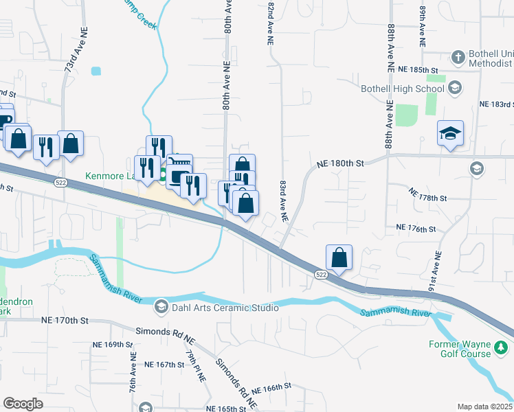 map of restaurants, bars, coffee shops, grocery stores, and more near 17722 80th Avenue Northeast in Kenmore