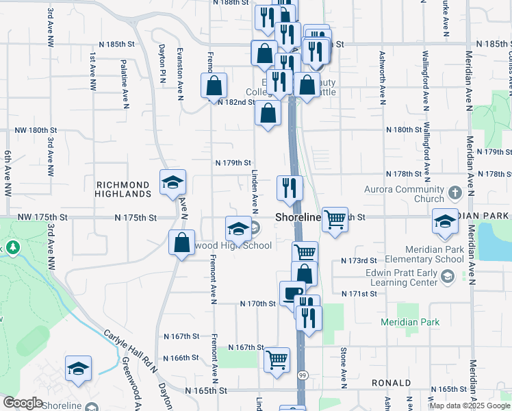 map of restaurants, bars, coffee shops, grocery stores, and more near 17520 Linden Avenue North in Shoreline