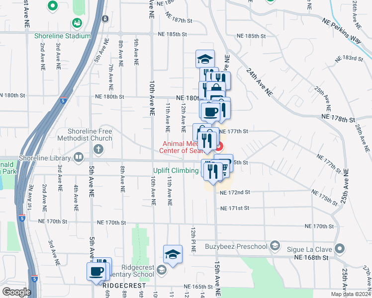 map of restaurants, bars, coffee shops, grocery stores, and more near 17536 12th Avenue Northeast in Shoreline