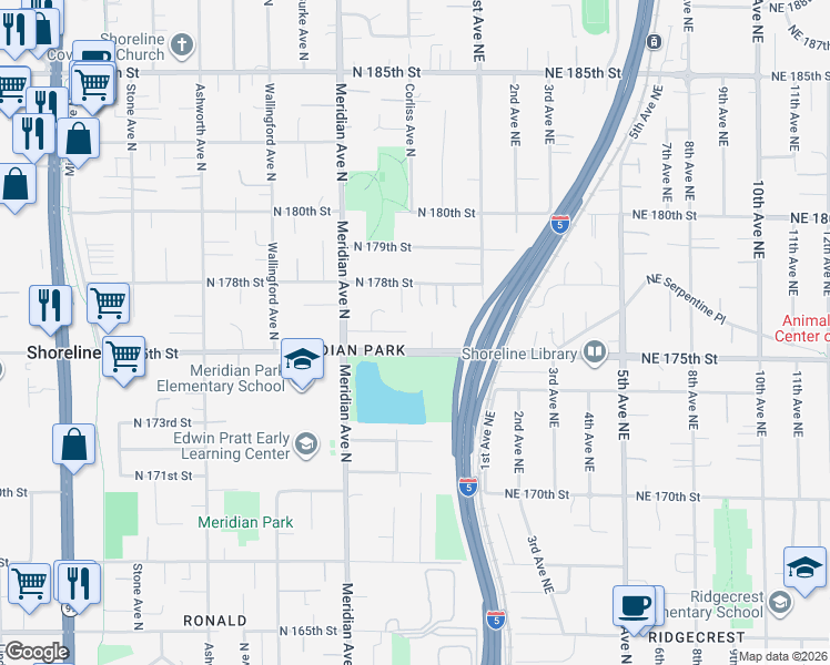 map of restaurants, bars, coffee shops, grocery stores, and more near 2151 North 178th Street in Shoreline
