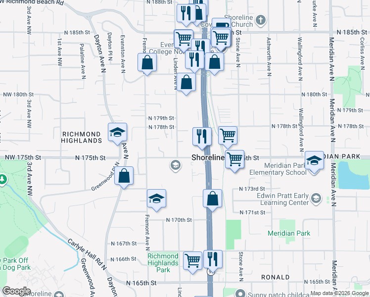 map of restaurants, bars, coffee shops, grocery stores, and more near 930 North 177th Street in Seattle