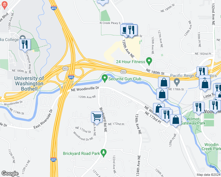 map of restaurants, bars, coffee shops, grocery stores, and more near 12109 NE Woodinville Dr in Bothell