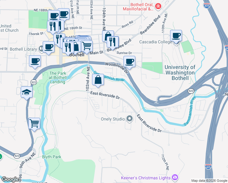 map of restaurants, bars, coffee shops, grocery stores, and more near 10420 East Riverside Drive in Bothell