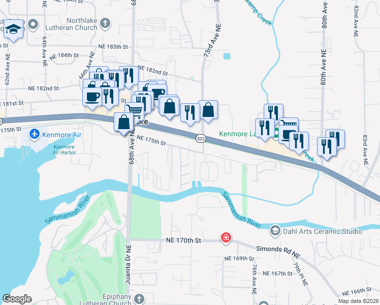 map of restaurants, bars, coffee shops, grocery stores, and more near 7217 Northeast 175th Street in Kenmore