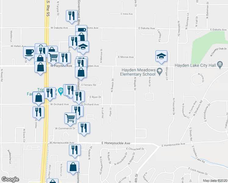 map of restaurants, bars, coffee shops, grocery stores, and more near 9330 North Baack Street in Hayden