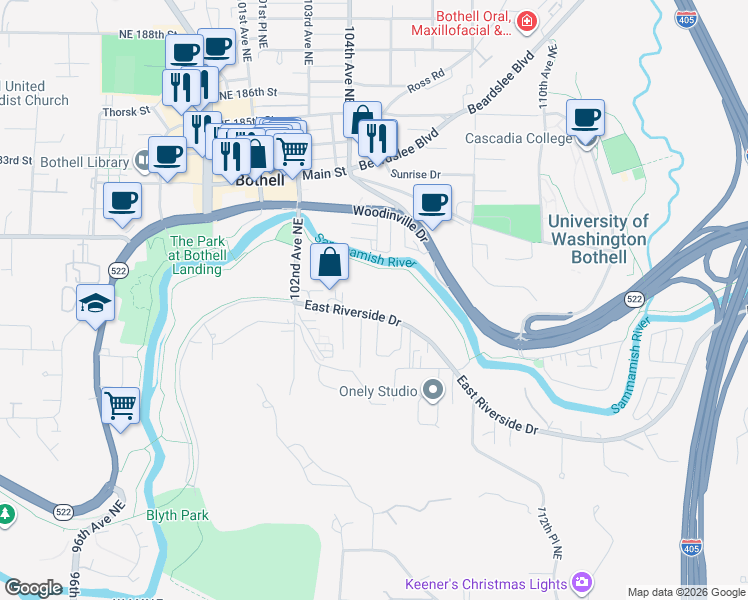 map of restaurants, bars, coffee shops, grocery stores, and more near 10420 East Riverside Drive in Bothell