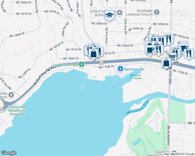 map of restaurants, bars, coffee shops, grocery stores, and more near 6121 Northeast 175th Street in Kenmore