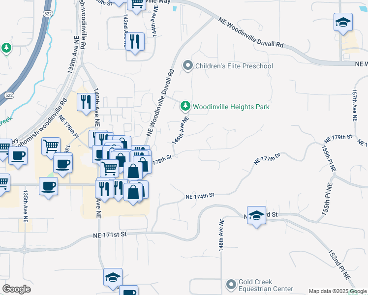 map of restaurants, bars, coffee shops, grocery stores, and more near 14618 Northeast 178th Street in Woodinville
