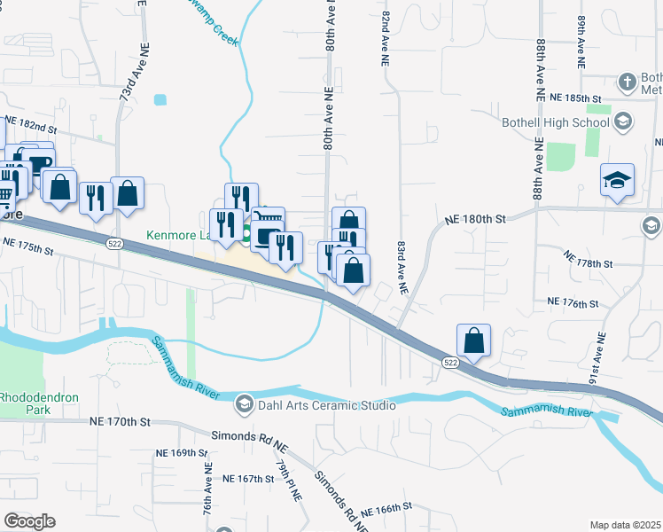map of restaurants, bars, coffee shops, grocery stores, and more near 8001 Northeast 177th Court in Kenmore