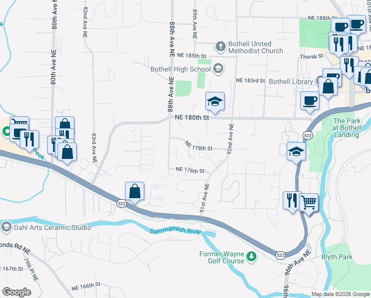 map of restaurants, bars, coffee shops, grocery stores, and more near 8938 Northeast 178th Street in Bothell