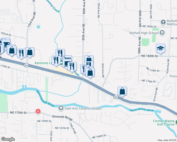 map of restaurants, bars, coffee shops, grocery stores, and more near 17722 80th Avenue Northeast in Kenmore