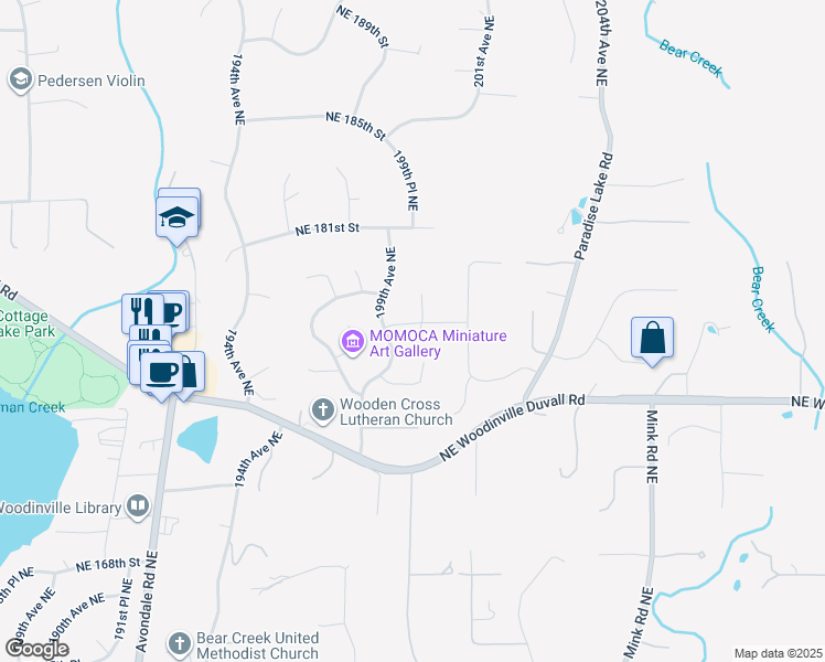 map of restaurants, bars, coffee shops, grocery stores, and more near 19921 Northeast 177th Street in Woodinville