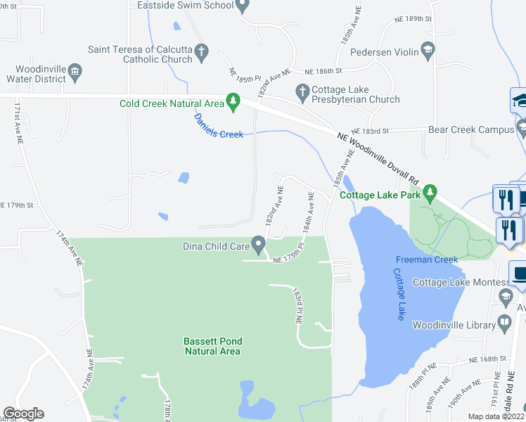 map of restaurants, bars, coffee shops, grocery stores, and more near 17807 182nd Avenue Northeast in Woodinville