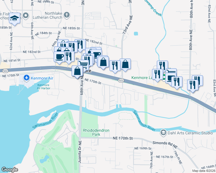 map of restaurants, bars, coffee shops, grocery stores, and more near 7031 Northeast 175th Street in Kenmore