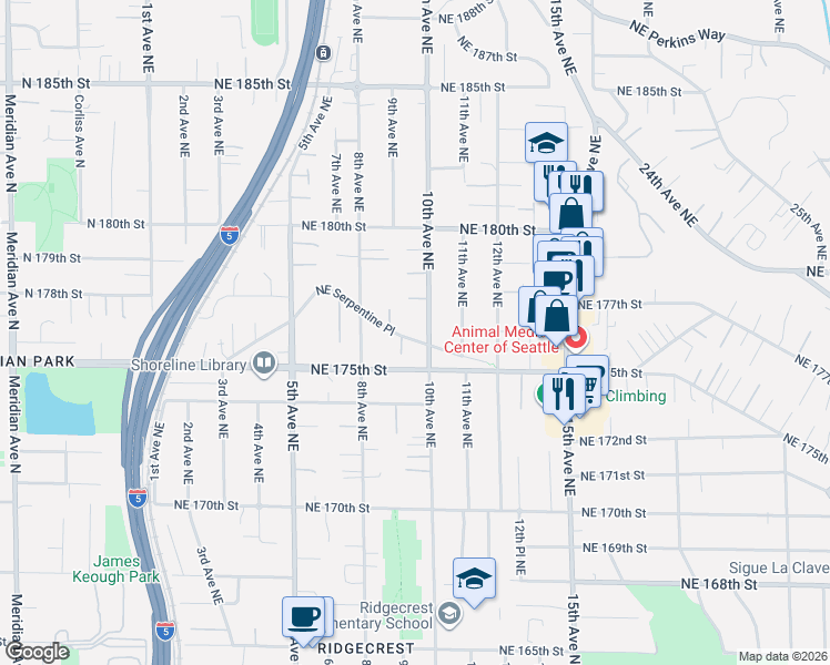 map of restaurants, bars, coffee shops, grocery stores, and more near 17541 10th Avenue Northeast in Shoreline