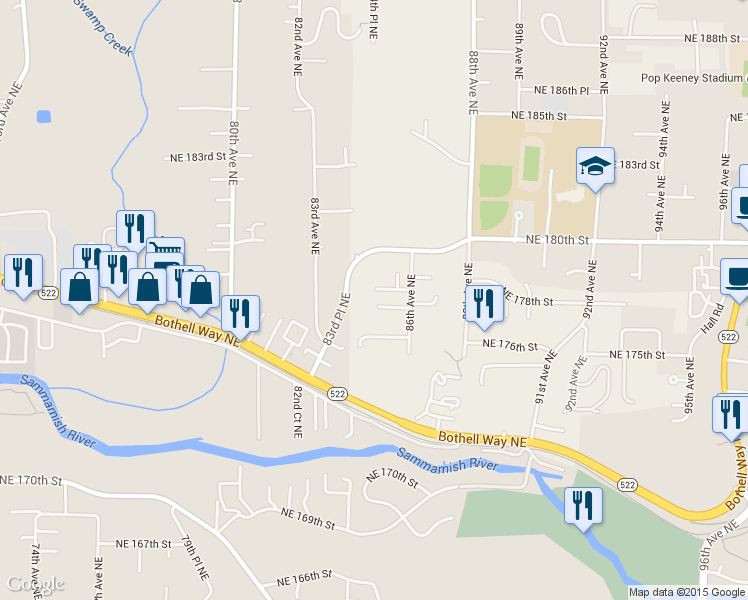 map of restaurants, bars, coffee shops, grocery stores, and more near 8419 Northeast 178th Street in Bothell