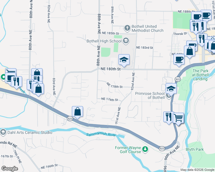 map of restaurants, bars, coffee shops, grocery stores, and more near 8938 Northeast 178th Street in Bothell