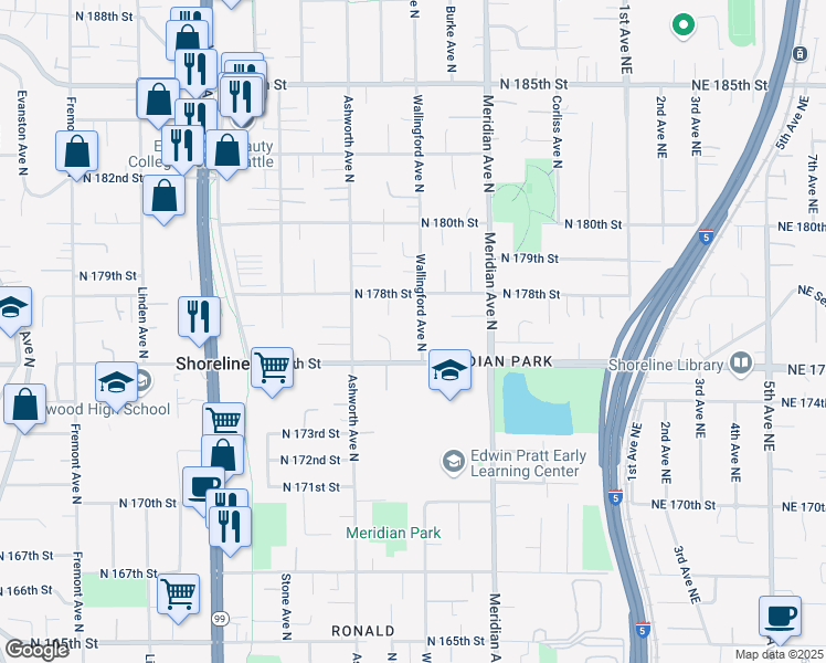 map of restaurants, bars, coffee shops, grocery stores, and more near 17710 Densmore Avenue North in Shoreline